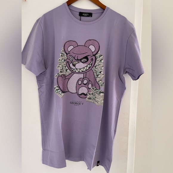 Avenue George V Paris Men's purple T-Shirt Teddy Bear Fitted Rhinestone 3XL
